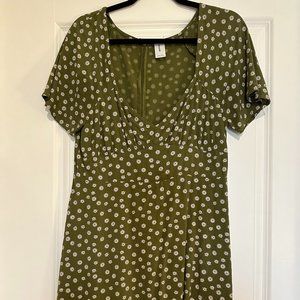 Cute Floral Dark Olive Mini Skater Dress